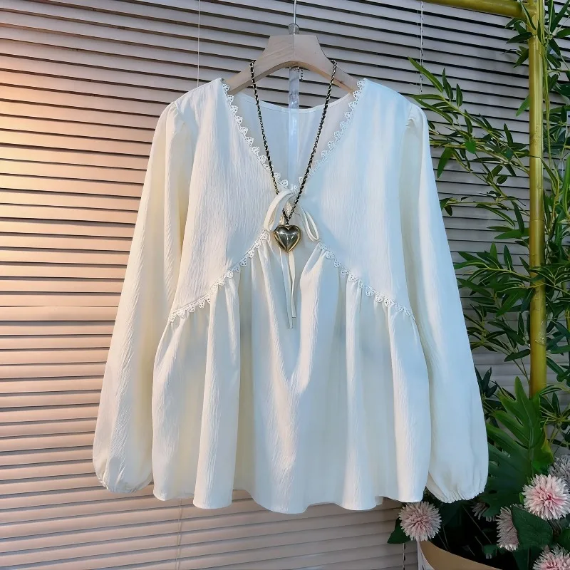 New Spring Autumn Splice Pleated V Neck Long Sleeve Shirt All Match Fashion Elelgant Loose Clothes Women Office Lady Tops
