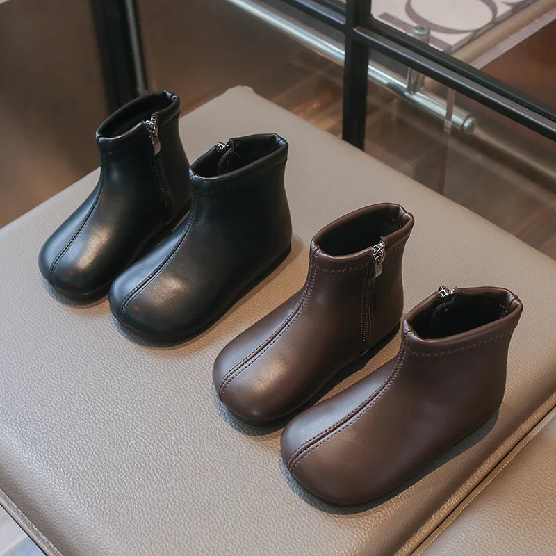 Girls Fashion Boots Autumn Winter New Children's Short Boots Princess Non-slip Soft-soled PU Leather School Student Footwear