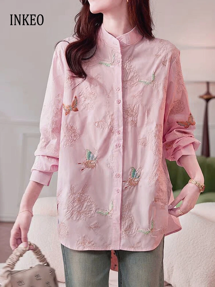 

Luxury Pink butterfly embroidery blouse Women 2025 New Elegant Loose O-neck long sleeve shirt Ladies clothing Chic INKEO 5T074