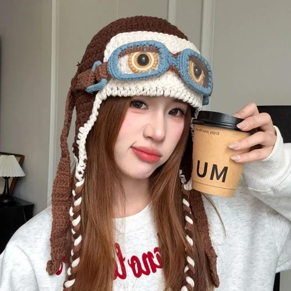 Cute Windproof Winter Pilot Hat With Goggles Crocheted Beanie Knitted Beanie Ear Protection Plush Earflap Cap Autumn Winter