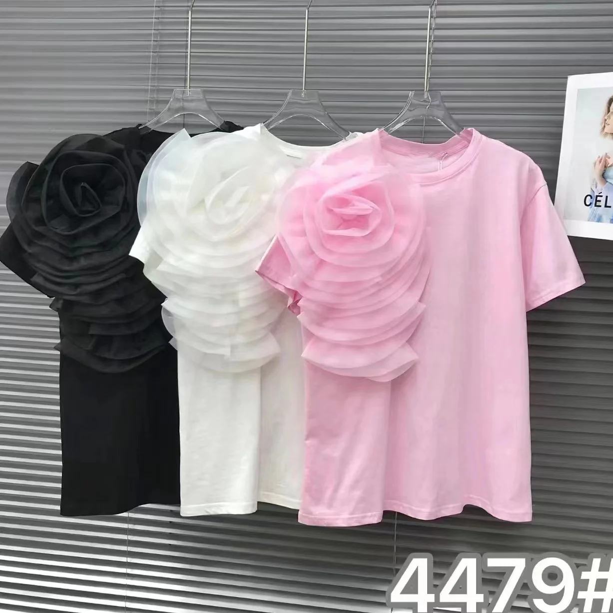 3D Flowers Stitch Short Sleeve Cotton Tshirt Three-Dimensional Big Flower Loose Casual T-shirt for Women Tops Tees White Pink