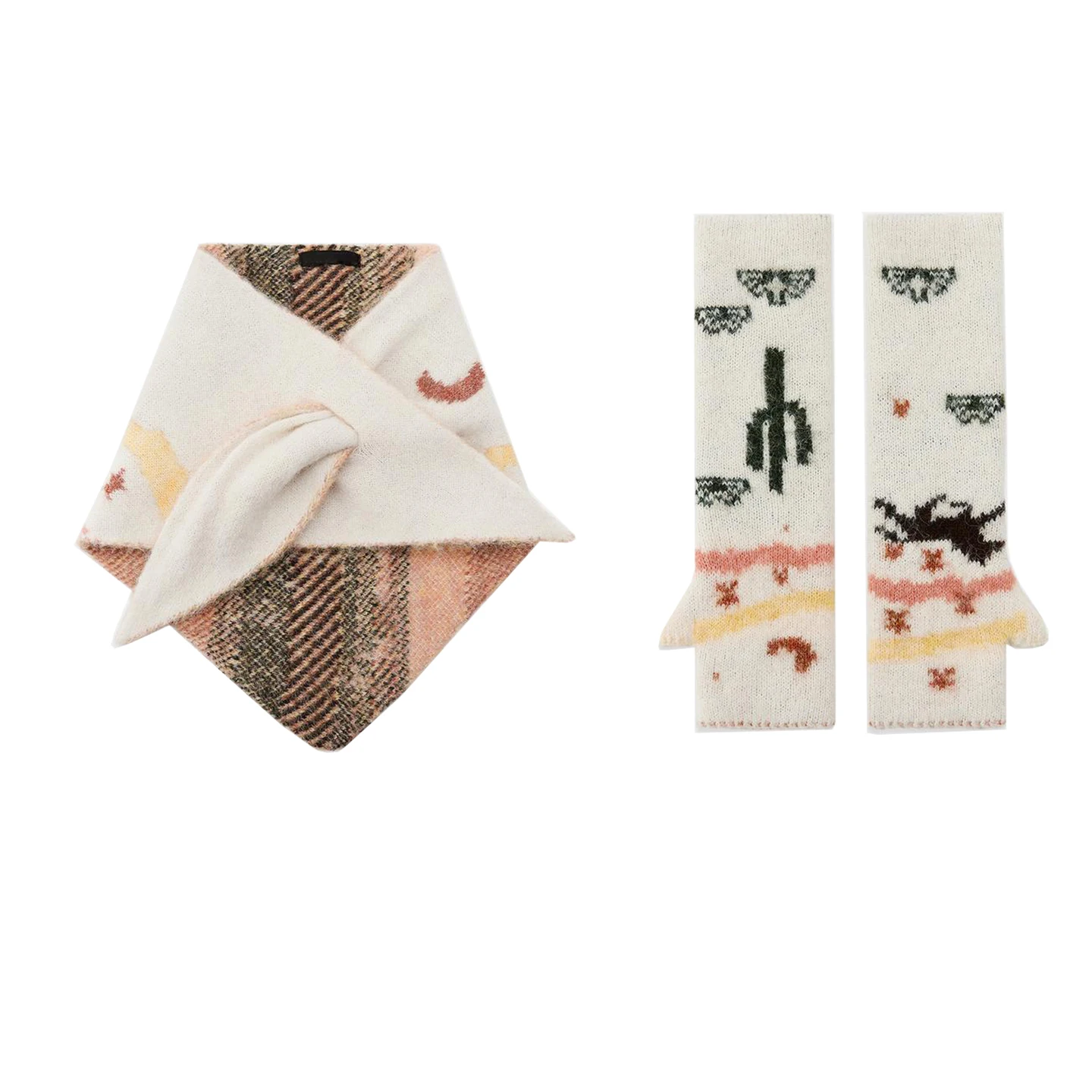 قفازات شتوية طويلة مطبوعة محبوكة مع أطراف للأصابع 3920834 وشاح رأس محبوك 3920835 طقم مكون من قطعتين أنيق للنساء #5