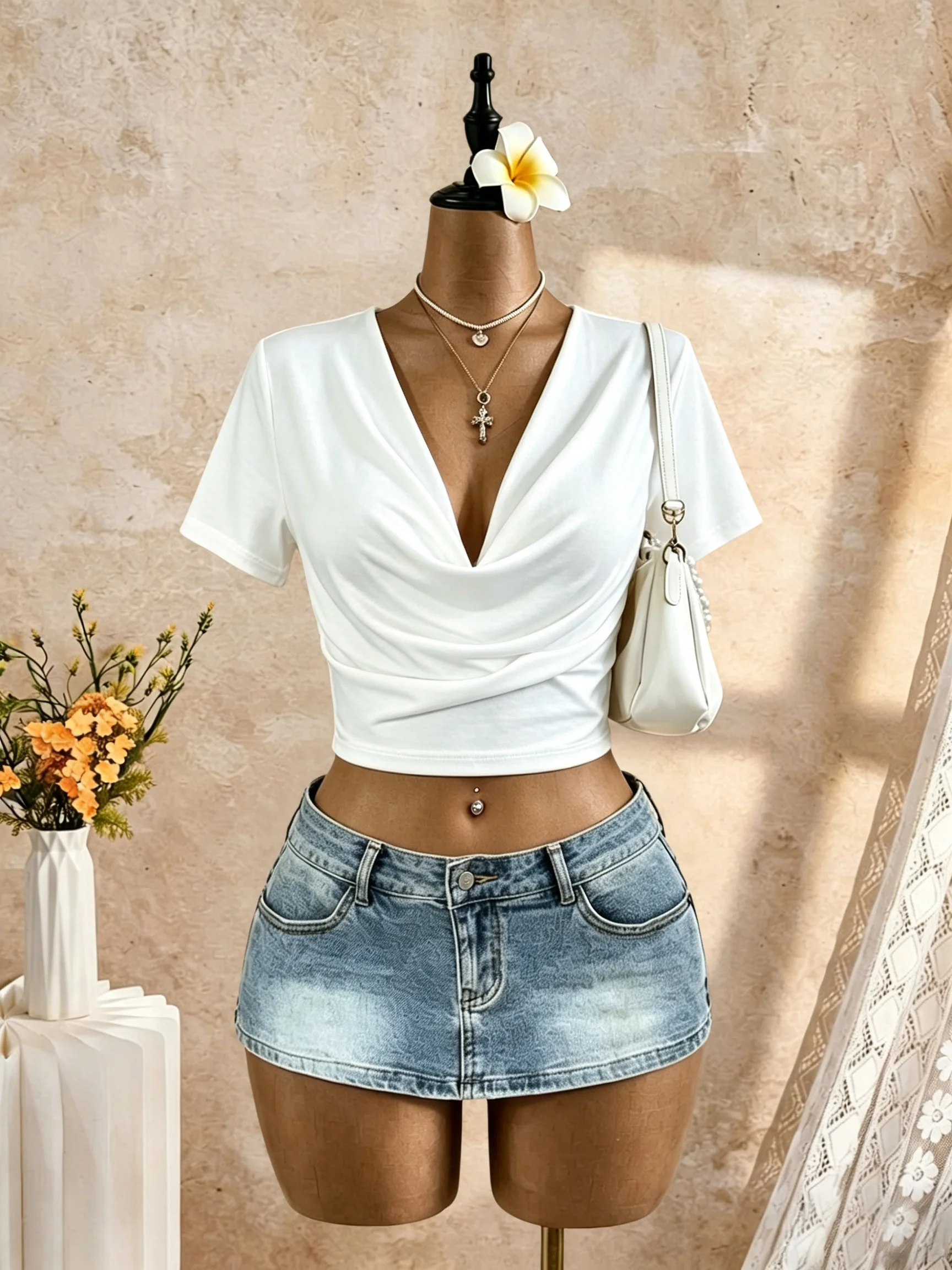 Damen-Crop-Top mit tiefem V-Ausschnitt, kurzen Ärmeln, drapiertem Wasserfallausschnitt, überkreuztem Wickeldesign, eng anliegend, dehnbar, lässig für Ausgehzwecke. – Detail 7
