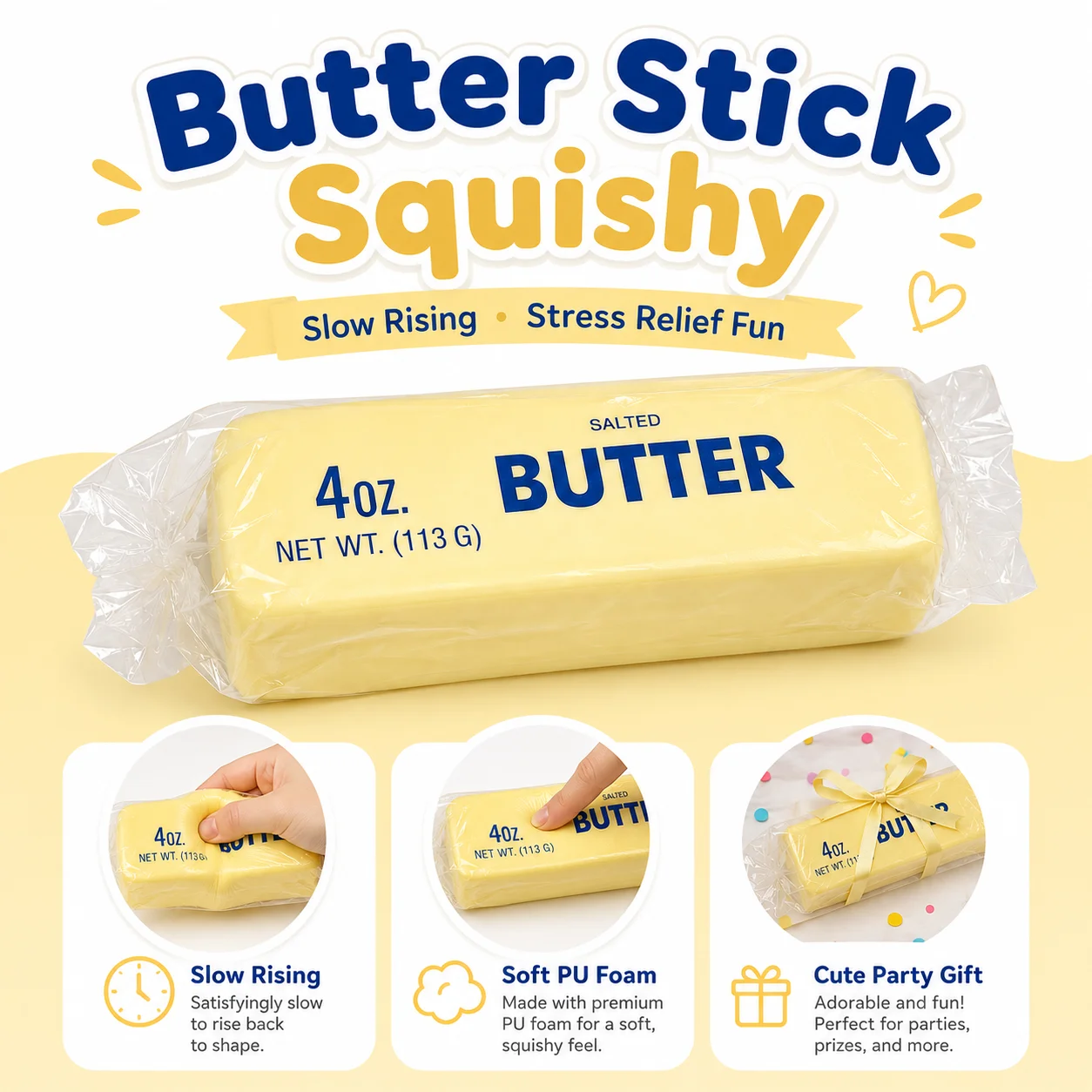 1pc Butter Stick Slow Rising Squishy Toy Soft PU Butter Bar Squeeze Stress Relief Fidget Toy Imitation Food Sensory Toy Cute Party Prize Gift For Kids Adults Classroom Office Daily Decompression