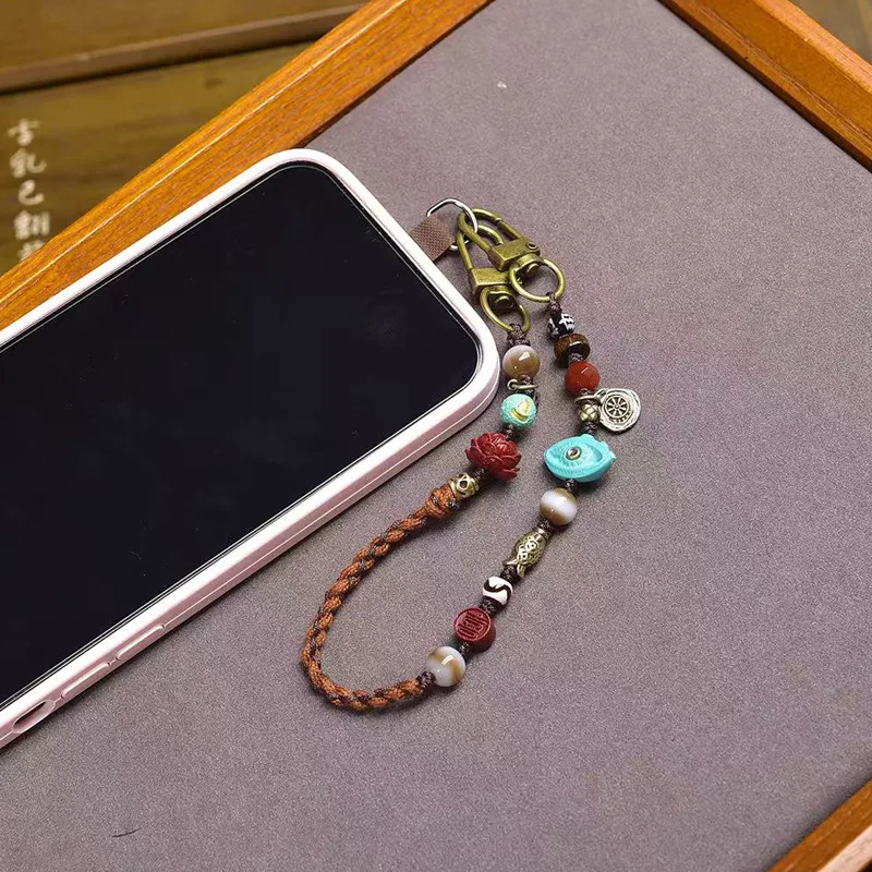 Handmade DIY woven rope phone pendant with turquoise cinnabar  agate dzi beads Kintsuke bear accessories and decorative char