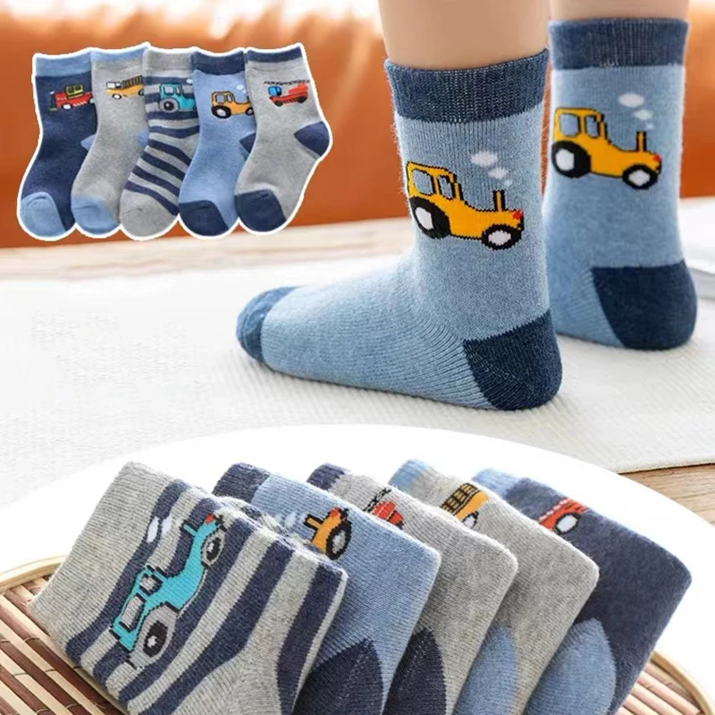 Meias de Terry infantil, Little Car, Delicado e Macio, Desenhos animados, Moda, Atacado, 1 a 16 anos, 5 pares