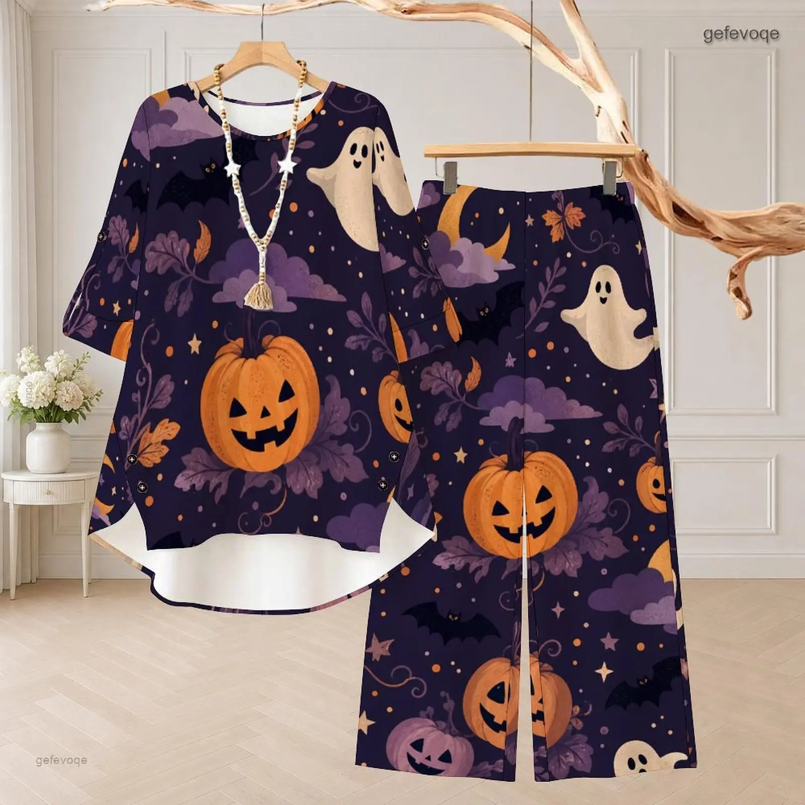 Women Halloween Pumpkin Ghost Bat Printed Round Neck 3/4 Sleeve High Low Top And Long Pants Two Piece Set