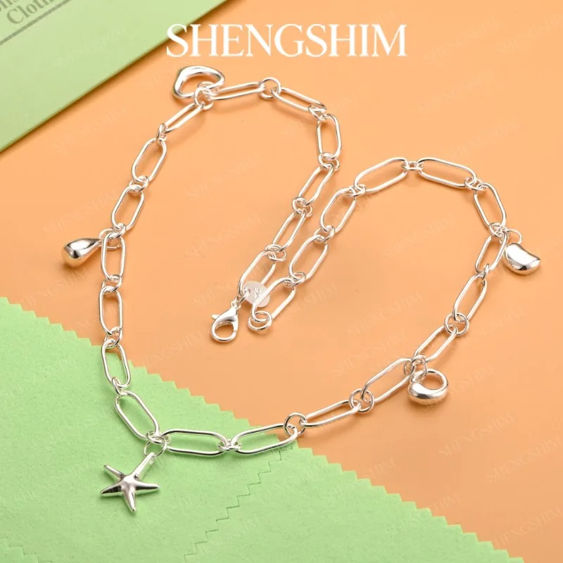 SHENGSHIM 925 Sterling Silver Paperclip Chain Star Teardrop Heart Pendants Necklace For Women Fashion Jewelry Party Gift