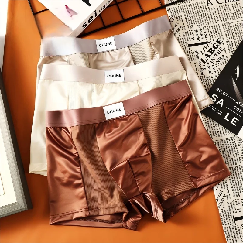 1/3PCS Boxer da uomo in raso di seta ghiacciata ad alta elasticità Mutandine comode Tinta unita a vita media Biancheria intima senza cuciture di grandi dimensioni