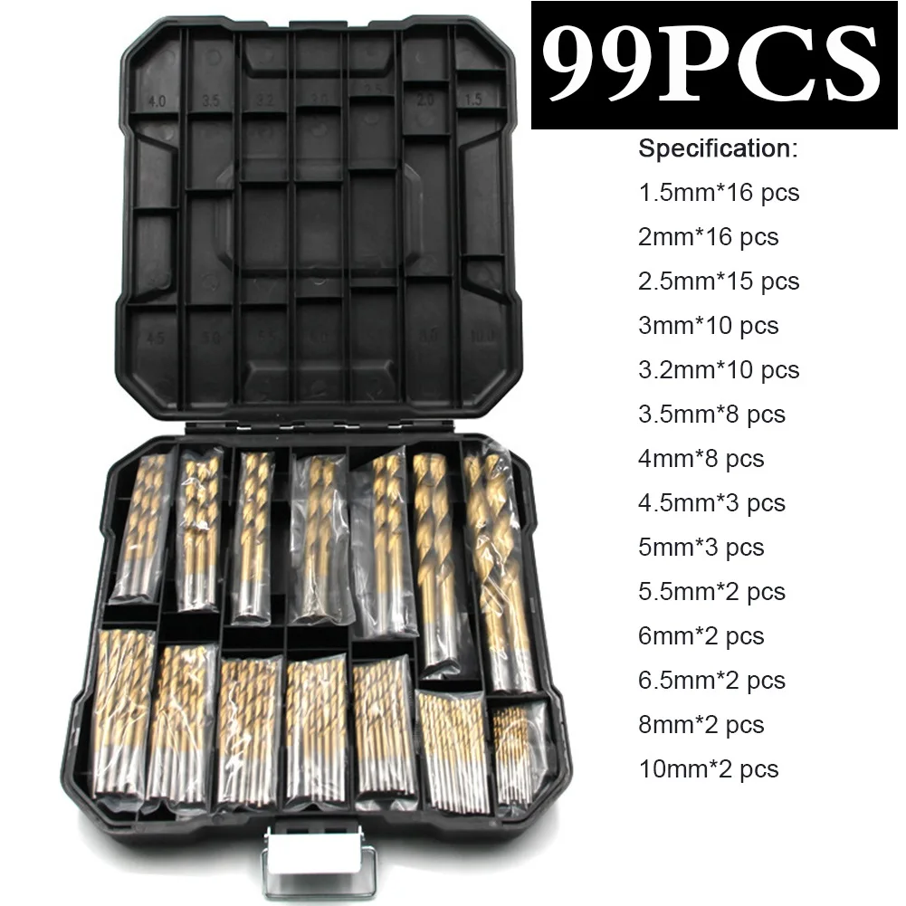 Conjunto de Brocas Hss Revestido a Titânio Aço de Alta Velocidade Metal Hole Grooving Serra Carpinteiro Carpinteiro Ferramentas 99 Pcs