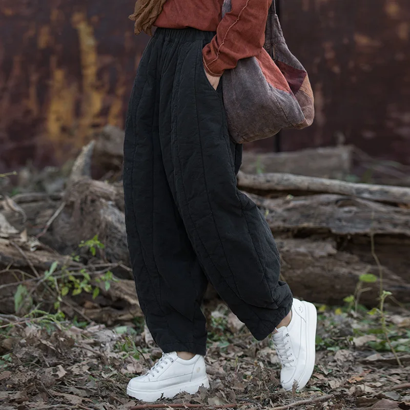 24-Panel Quilted Carrot Pants - Stonewashed Linen-Blend Winter Trousers
