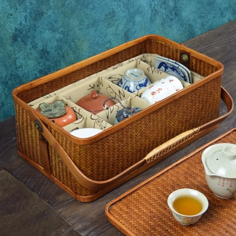 

Vintage Bamboo Woven Storage Box Outdoor Dust-proof Tea Chest Multi Grid Design Organizer Basket Convenient Handle Home Supplies