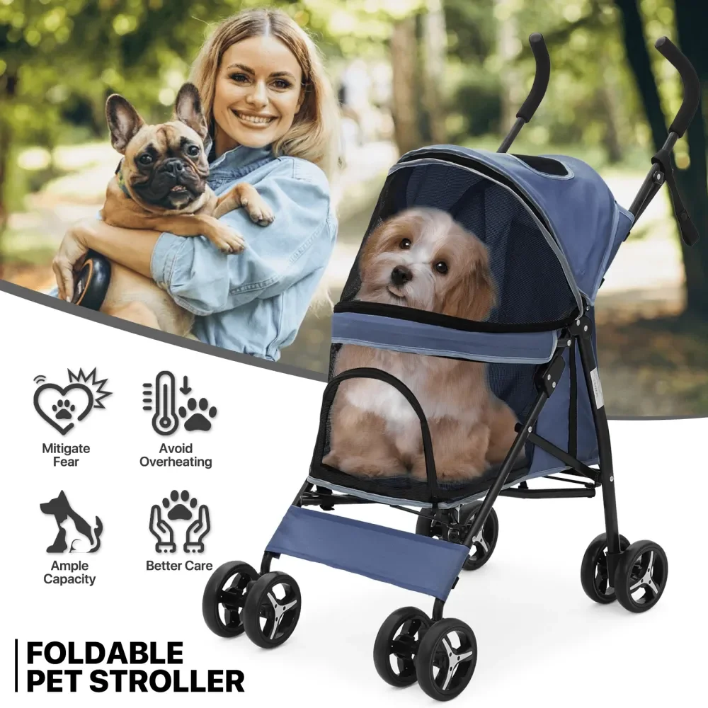 

Коляска для собак на 4 колесах, легко складывающаяся, с защитным козырьком, подушкой и задней сумкой для хранения, дышащая, с прозрачными элементами.