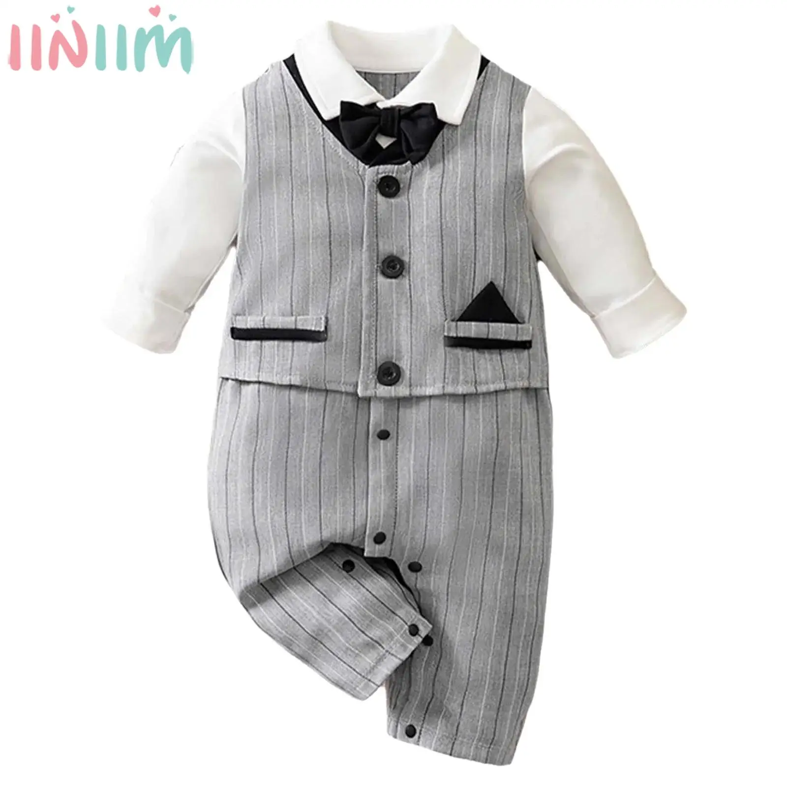 

Newborn Infant Boys Christening Gentleman Romper Long Sleeve Lapel Striped Bowtie Jumpsuit for Wedding Birthday Party Evening