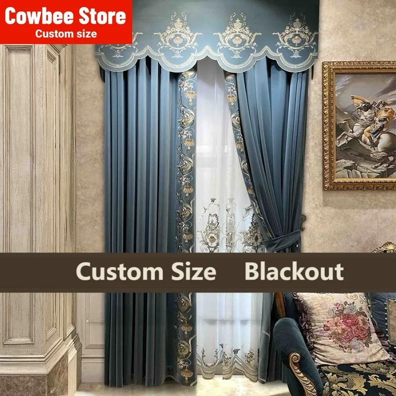 Luxury European Velvet Embroidery Curtains for Living Room Bedroom Dining Haze Blue Blackout Custom Size White Tulle Valance