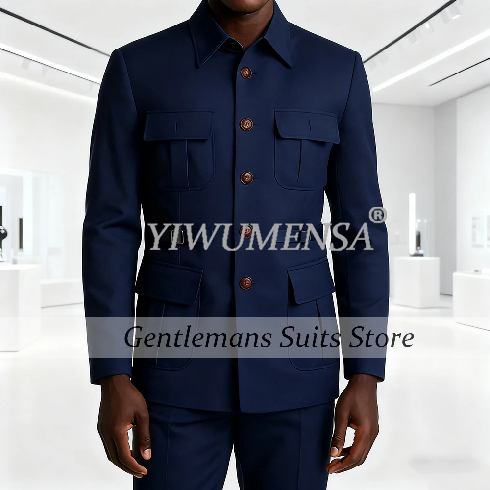 

Classic Business Suits Men 2 Pieces Sets Safari Sytle Jacket Pants Customized Single Breasted Groom Tuxedos Wedding Prom Blazers
