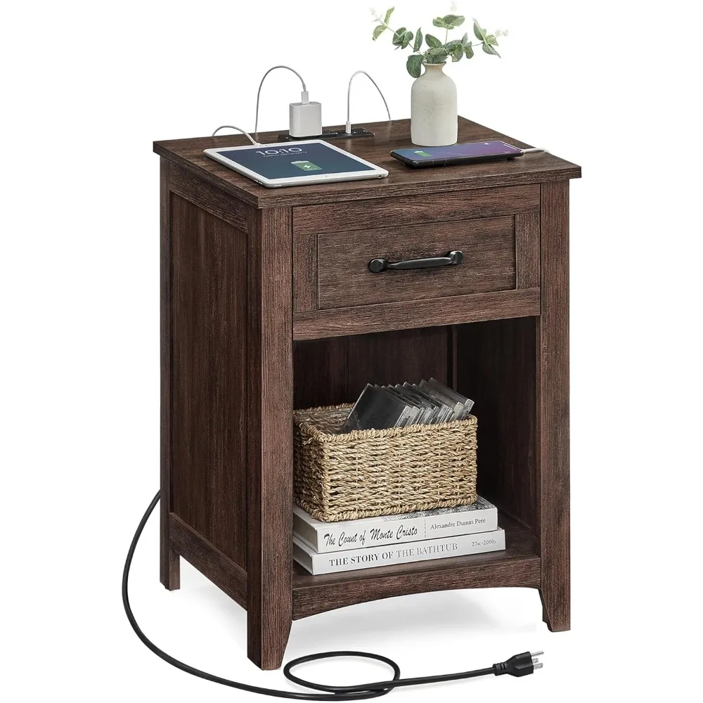 

Farmhouse Nightstand with Charging Station, Bedside Table with Drawer, Open Compartment, Side Table with Storage, for Bedroom