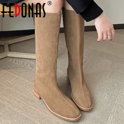 FEDONAS autunno inverno donna stivali alti al ginocchio conciso ufficio donna Casual tacchi bassi scarpe comode donna pelle scamosciata mucca nuovo