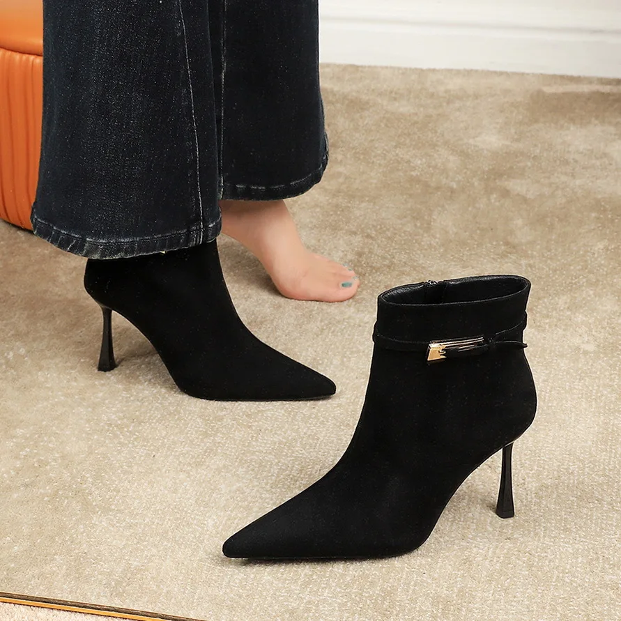 

Women's Boots Fashion Sexy Ladies Pointed Head Suede Stiletto Heels Belt Buckle Side Zipper High Heel Black Short Boots