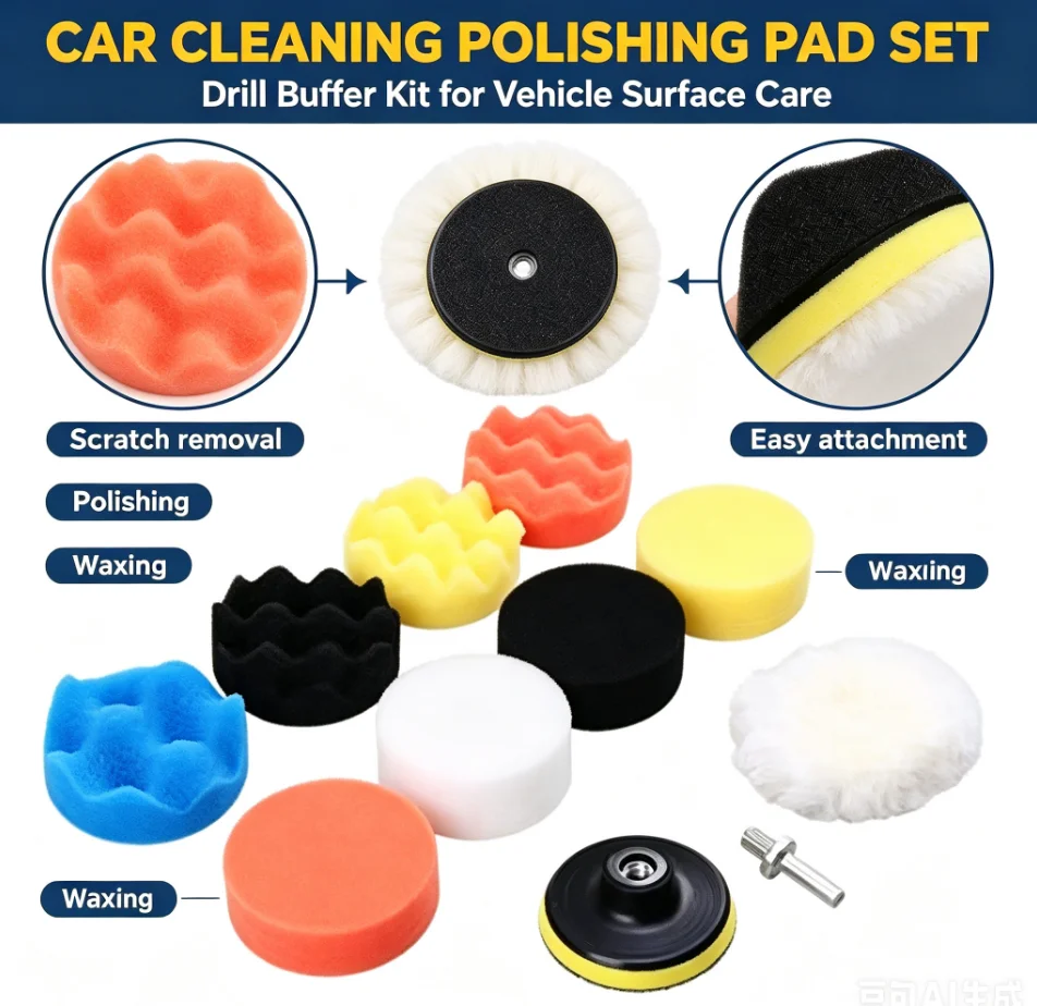 12PCS 3inch Buffing Sponge Pad Set Car Polishing Disc Auto Buffing Waxing Sponge Car Polisher Drill Adapter Cleaning Tool