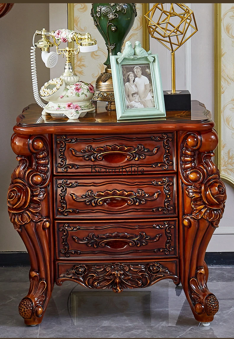 

European bedside table American villa luxury retro solid wood carving flower bedside storage cabinet