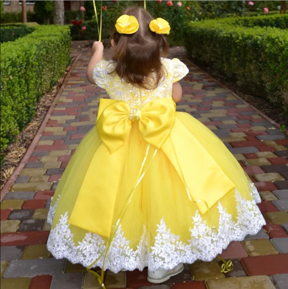 Yellow Flower Girl Dresses For Wedding Tulle White Appliques With Bow Cute Toddler Birthday Party Photo Shoot Gown