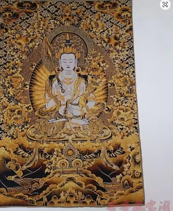 35.4″ Bodhisattva Akasagarbha Brocade Tibetan Tangka Embroidery Painting Gold Thread Embroidery Decorative Hanging Pictures