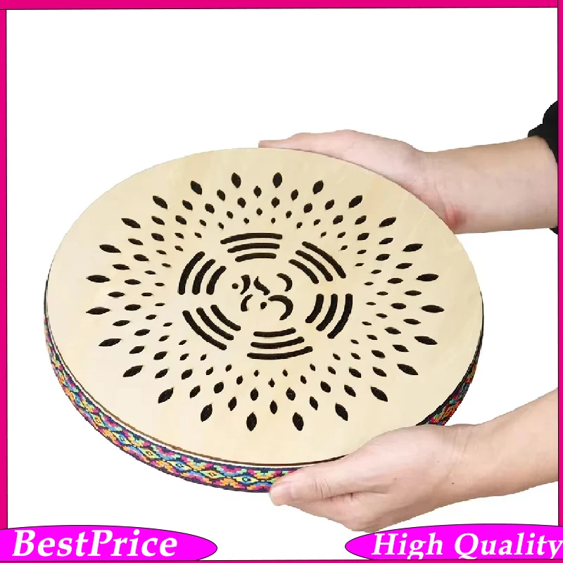 12 Inch Solid Wood Stream Drum Hand Carved Rain Falls Pattern with Colorful Woven Trim Sea Wave Sound  Musical Instrument