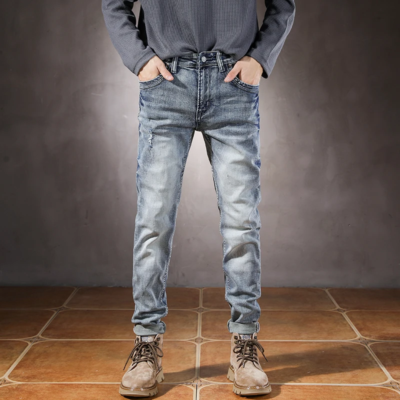 

High-end four-season light-colored jeans for men Men's Fashion Stretch Tear Jeans Retro grinding white jeans men