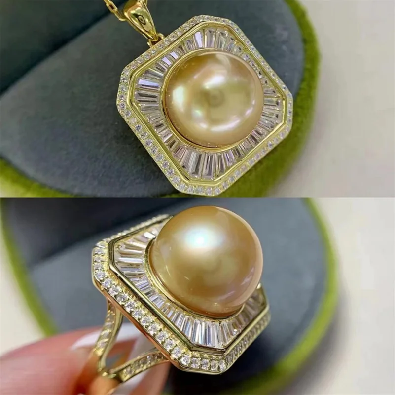 

new huge AAAA++++ 11-12mm 12-13mm south sea round gold pearl All body S925 Silver ring Necklace Pendant set 18in