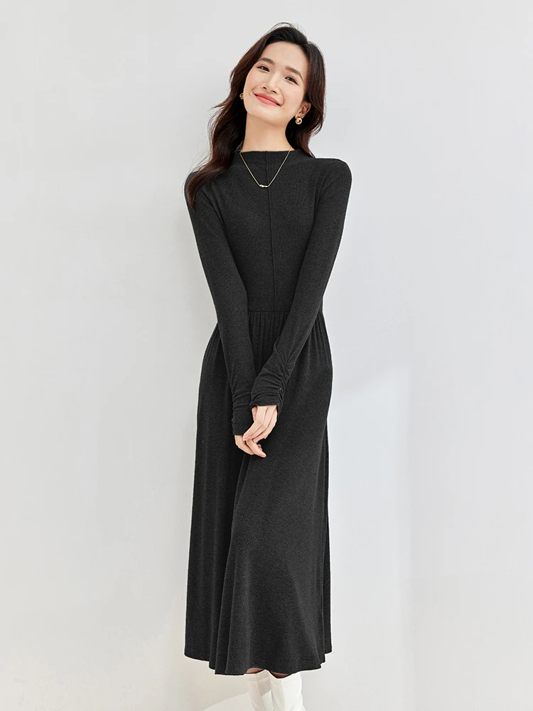 SENTUBILA Knitted Slim Womens Dresses 2024 Winter Black Half High Neck Shirring Sleeve A-line Elegant Midi Dress 144L58348