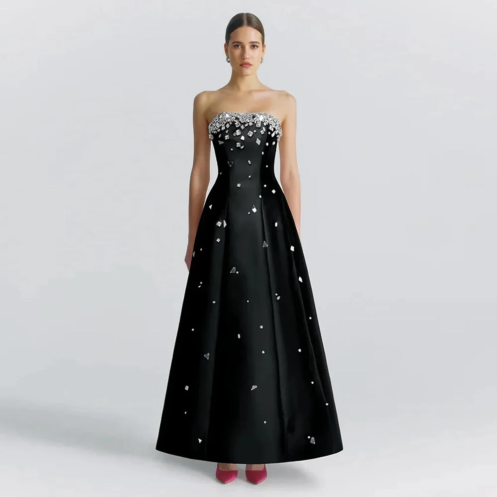 Sexy Black Prom Dress Crystals Strapless Sleeveless A Line Satin Evening Dresses with Pockets Ankle Length Cocktail Party Gown