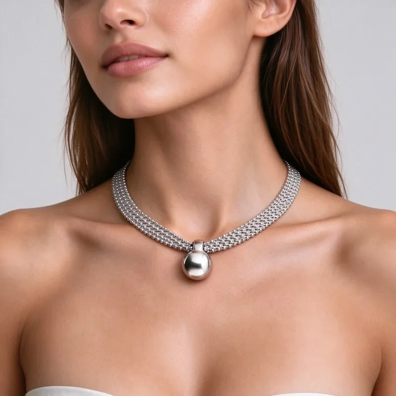 Silver Tone Mesh Choker Necklace with Round Ball Pendant, Knitted Chain Detail, Adjustable 45+6cm, High Quality Alloy, Hypoallergenic, Polished Mirror Finish, Trendy Statement Jewelry for Women, Great Gift for Her, Elegant Design, Easy to Match, Nice Look