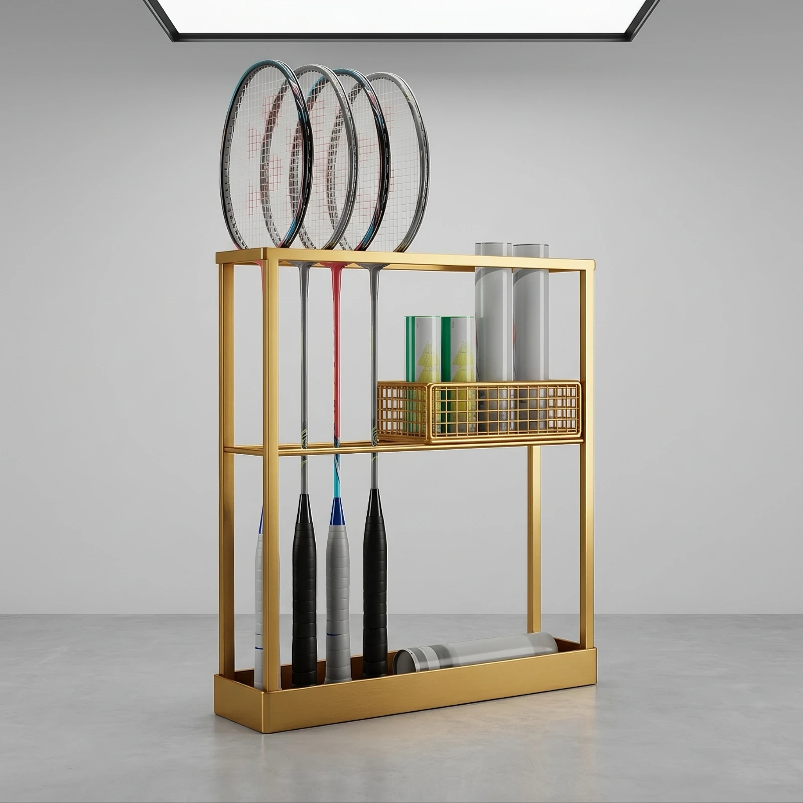 Sports Storage Rack with Basket Narrow Tennis Racket Storage Rack Badminton Racket Holder Open-Frame Organizer Geometric