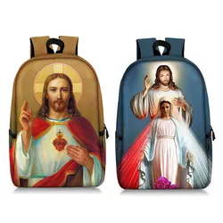 Christians Religion Holy Jesus Mary Backpack Women Rucksack Canvas Shoulder Bags for Travel Christian Cross Laptop Backpacks