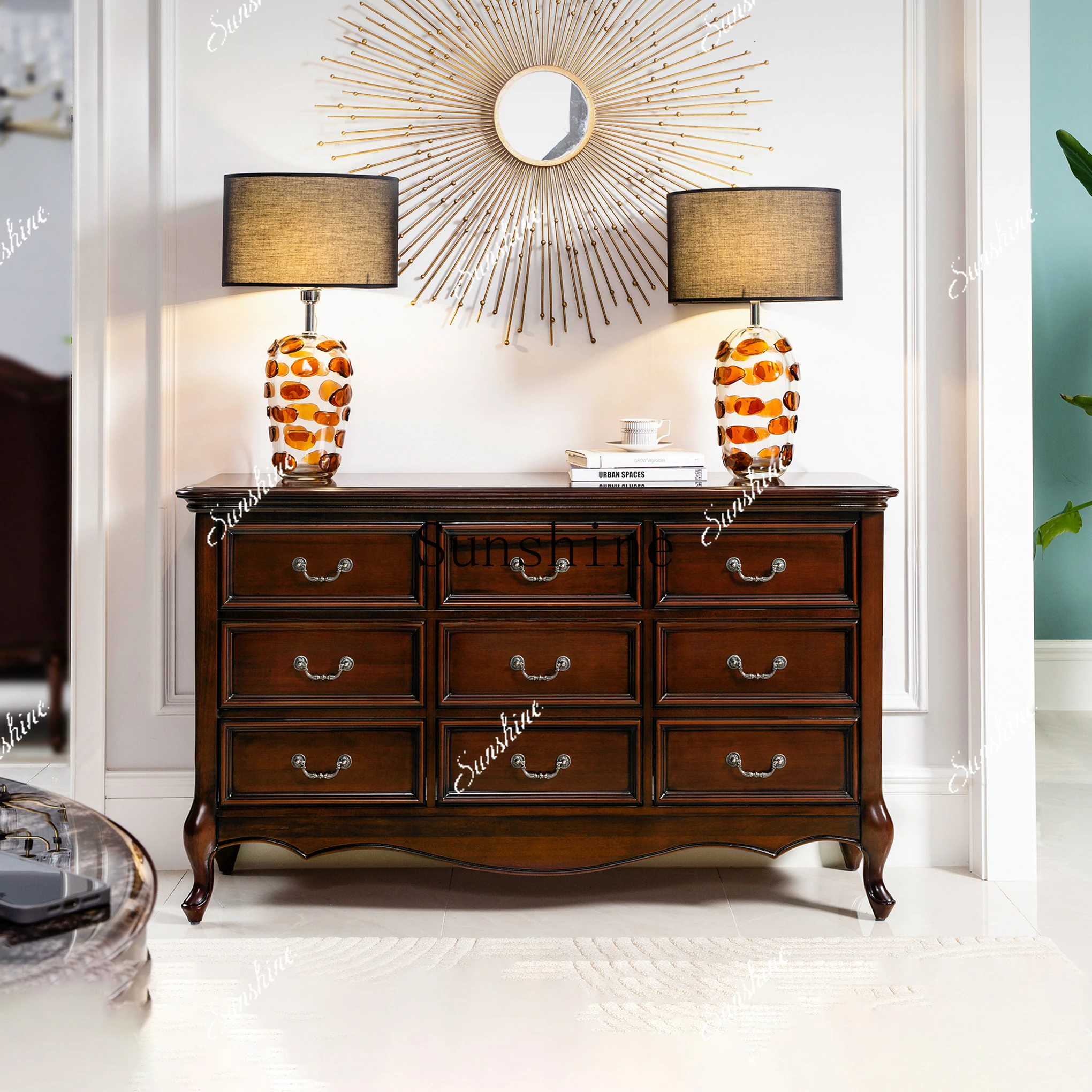 High-end customized villa furniture classic American all-solid wood retro old storage entrance cabinet EA7  FT
