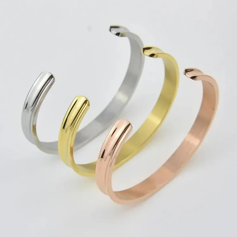 Pulsera de acero de titanio curvada cóncava para pareja, pulsera con apertura de acero inoxidable en forma de C Vintage, joyería Manchette