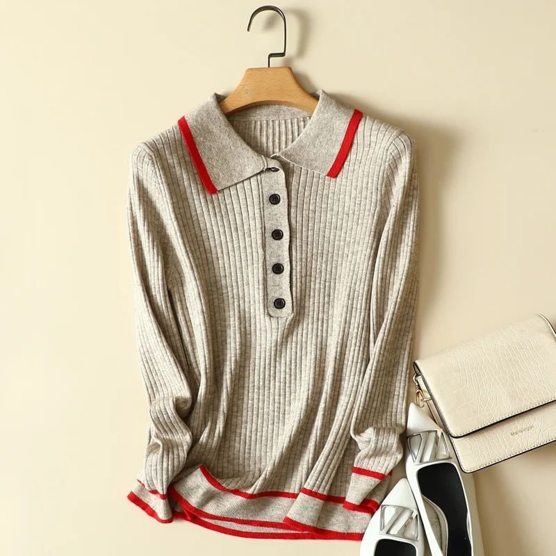 

Button Knitted Women Sweater Pullovers Autumn Turn-Down Collar Long-Sleeved Elegant Office Lady Outwear Coats Tops