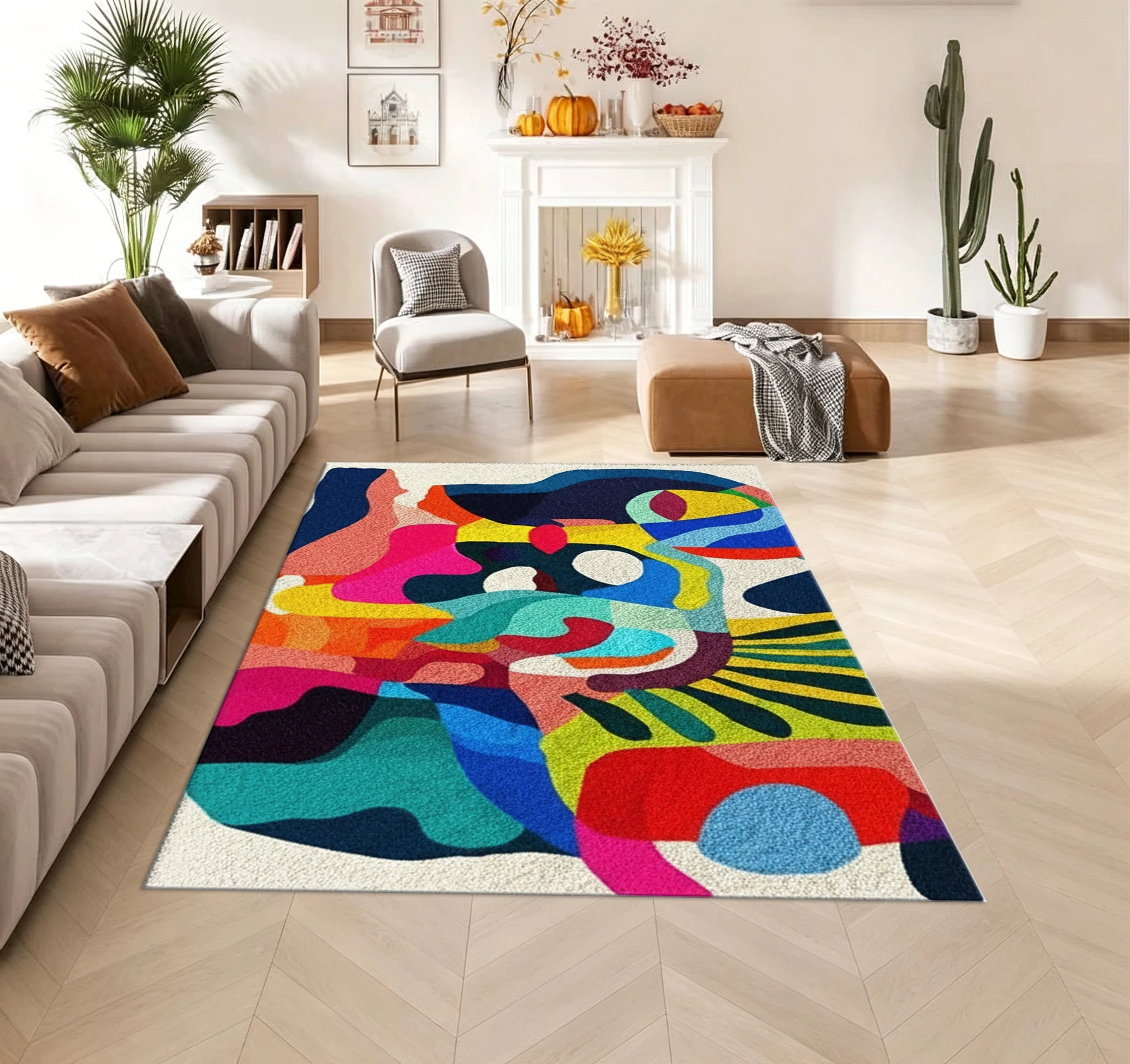 Bright Multi-Color Fluid Abstract Print Carpet with Irregular Color Blocks, Home Decor Rug