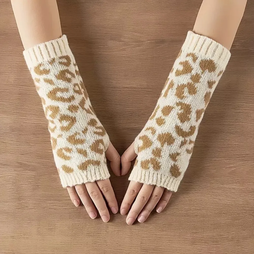Leopard Print Women's Knitted Gloves Touchscreen-Friendly Windproof Fingerless Gloves Soft Thicked Cycling Glove Autumn Winter