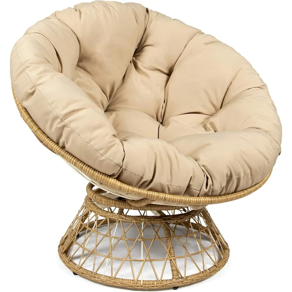 

Wicker Papasan Chair with 360-degree Swivel, Tan Cushion and Natural Color Frame. Indoor and Outdoor Use