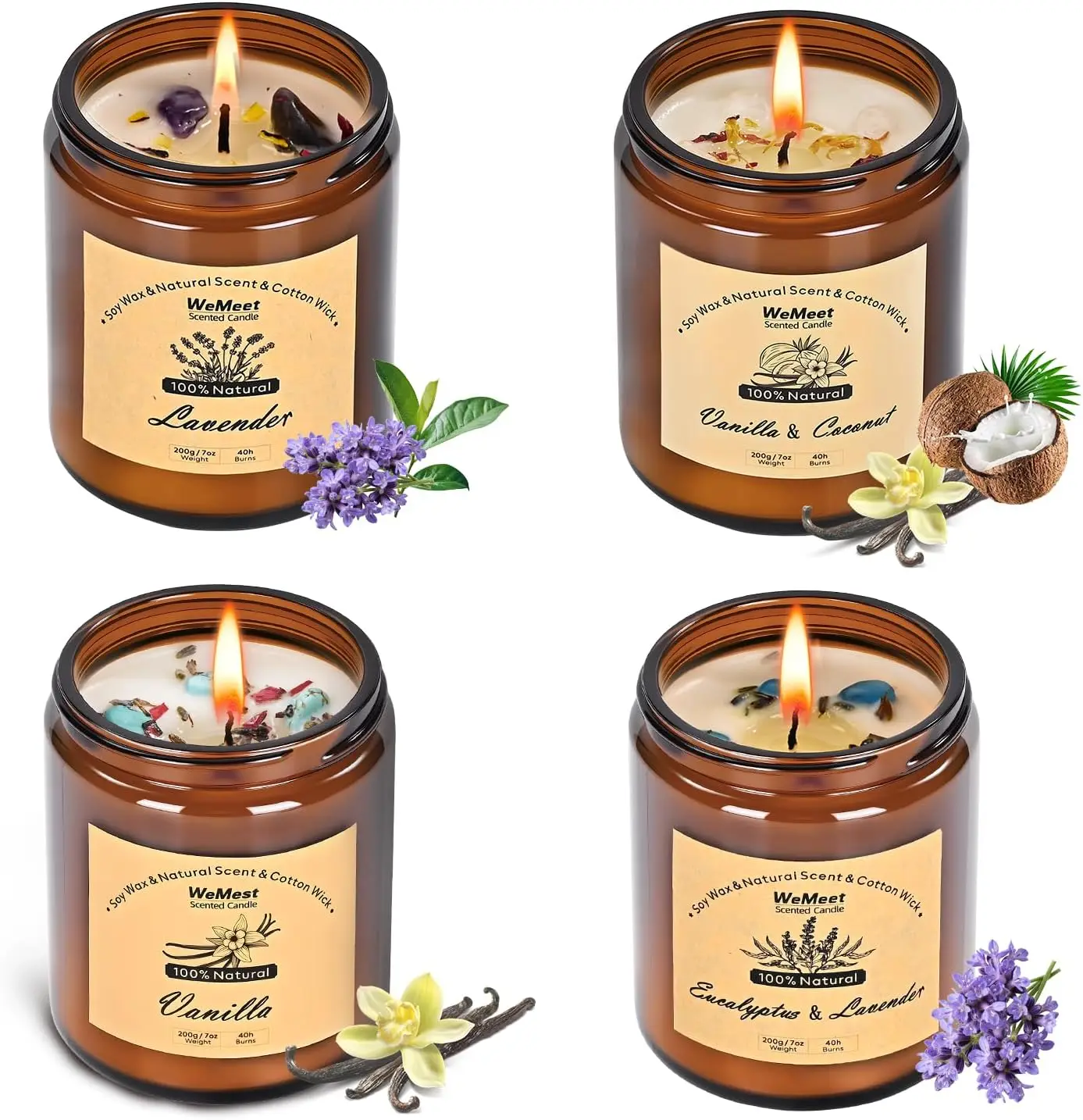 Scented Candles Set, 4 Pack Aromatherapy Candle with Crystals, 28 Oz 160 Hour Long Lasting Candle, Soy Wax Scented Candle with Dried Flowers, Gifts for Men, Women, Birthday, Mother's Day