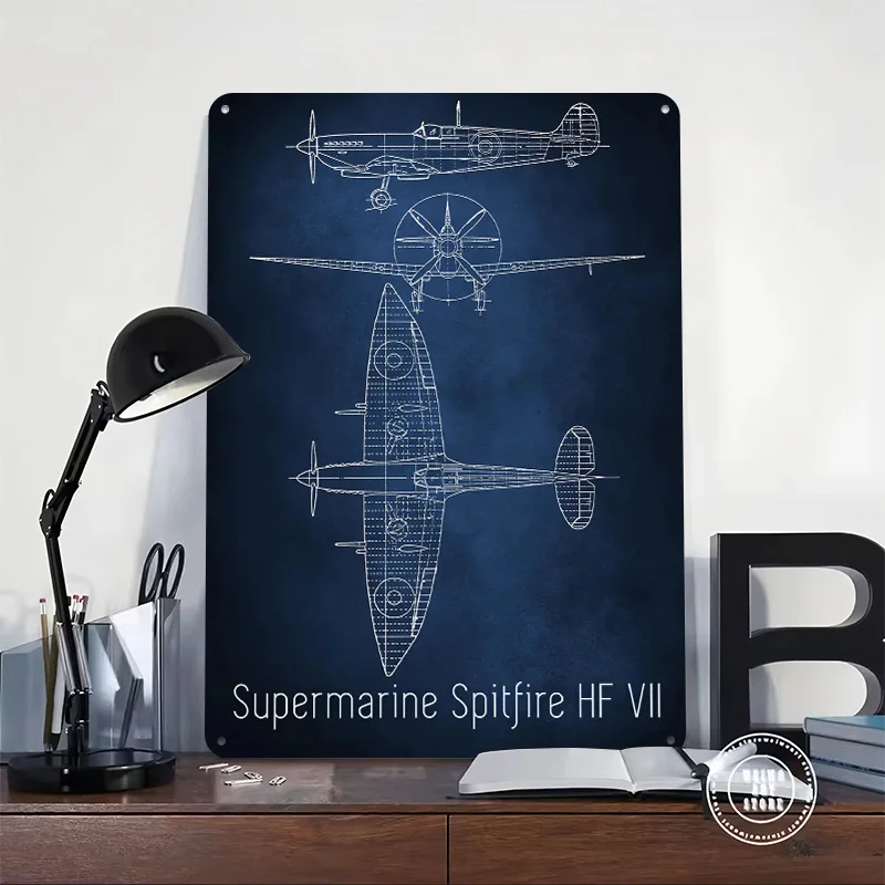 HF VII Spitfire Blueprint Metal Poster Custom Wall Art Retro Vintage Tinplate Signs for Man Cave Wand Deko Desk Decor Home Sign