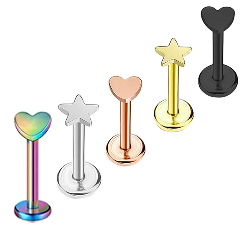 

wholesales star heart Stee Labret Piercing Stud Lip Ring Internal Thread Tragus Earring Helix Stud Cartilage Piercing Rook Earr