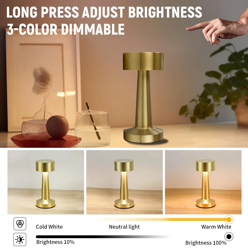 Classic Table Lamp USB Rechargeable Night Light Stepless Dimming Touch Desk Lamp 3 Colors Bedside Lamp Hotel Bar Decoration