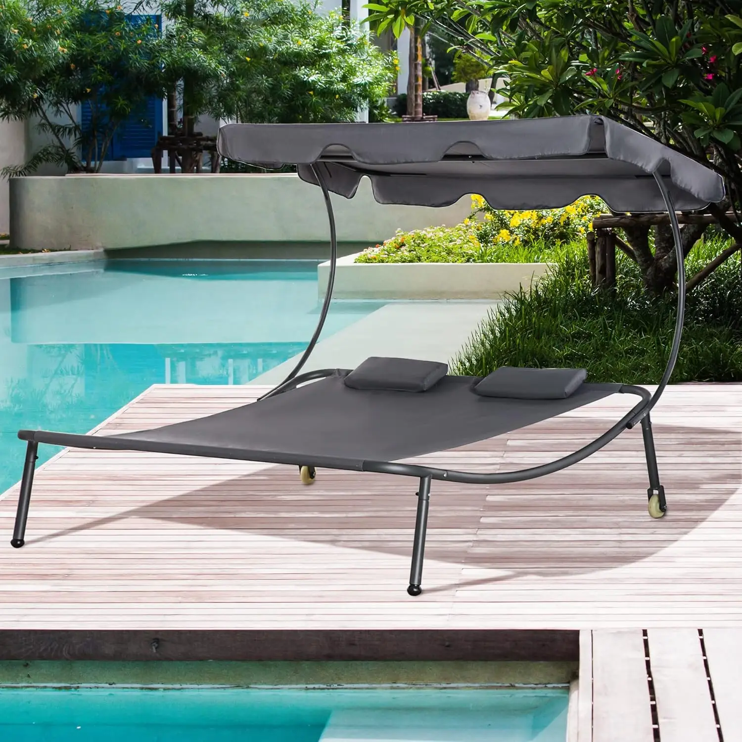 

Patio Double Chaise Lounge Chair, Outdoor Wheeled Hammock Daybed with Adjustable Canopy and Pillow for Sun Room, Garden, Grey