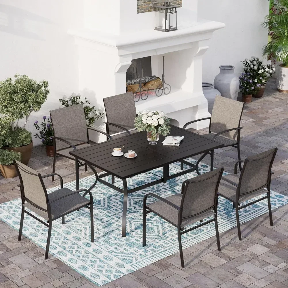 

6 Piece Patio Dining Sets, Rectangular Steel Diner Table with 1.57" Umbrella Hole, Patios Table and Chair 7 PCS
