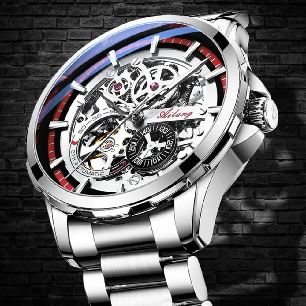 

AILANG Brand New Fashion Skeleton Mechanical Watch for Men Luxury Stainless Steel Waterproof Luminous Hollow Watches Mens