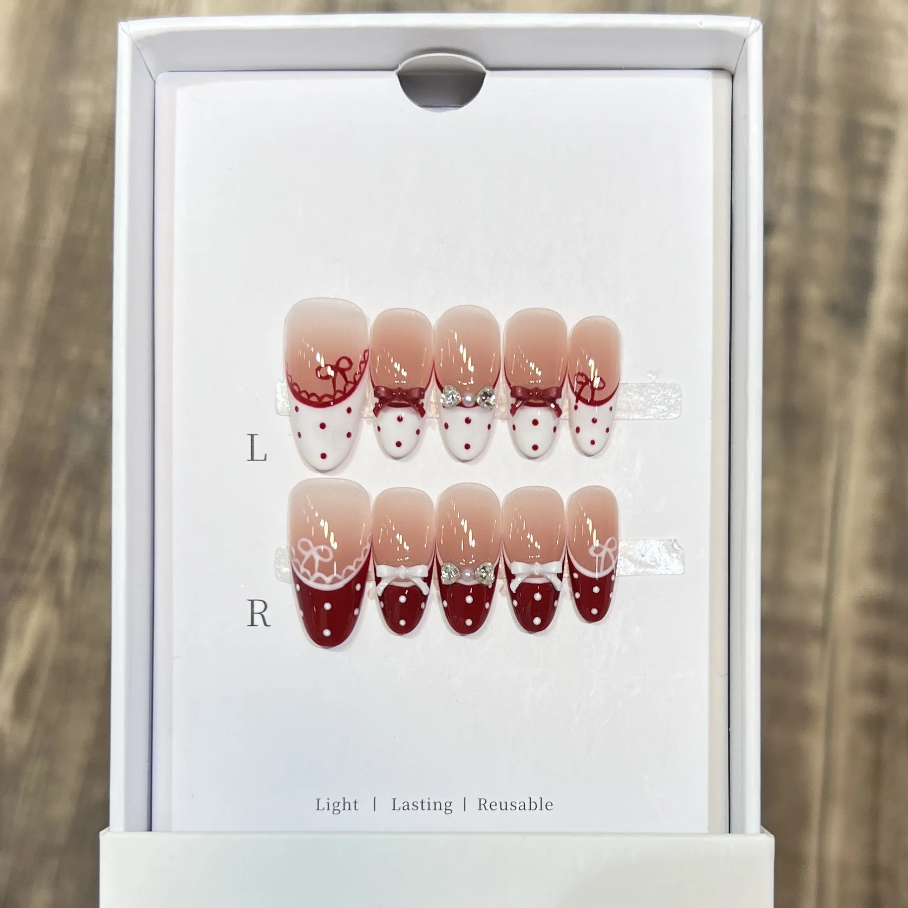 

10PCS Retro Red French Handmade False Nail with Bowknot Polka Dots Pattern Cute Medium Oval Fake Nail Tips Art Wearable Press On