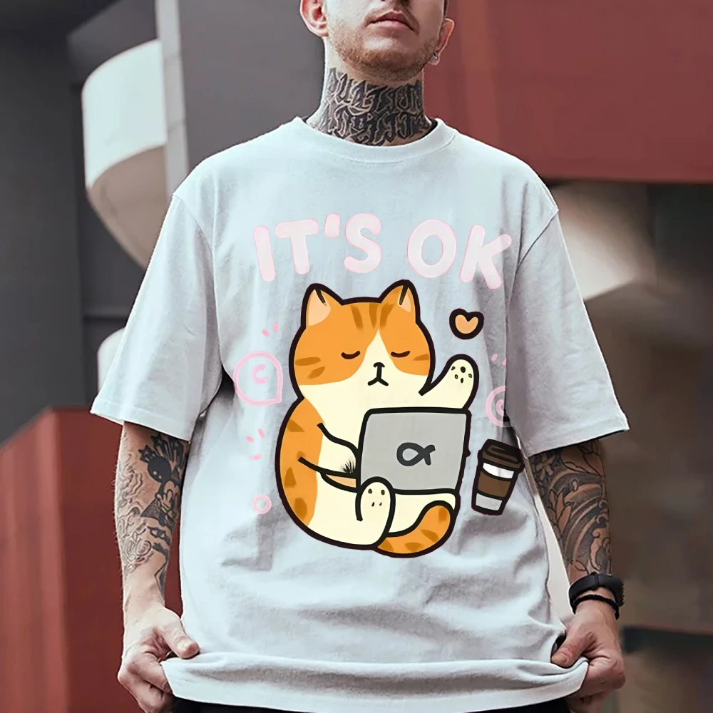 빈티지 아메리칸 그래픽 티셔츠 여름 여성 반팔 한국 스타일 귀여운 고양이 패턴 티 코튼 Y2K 루즈 반팔